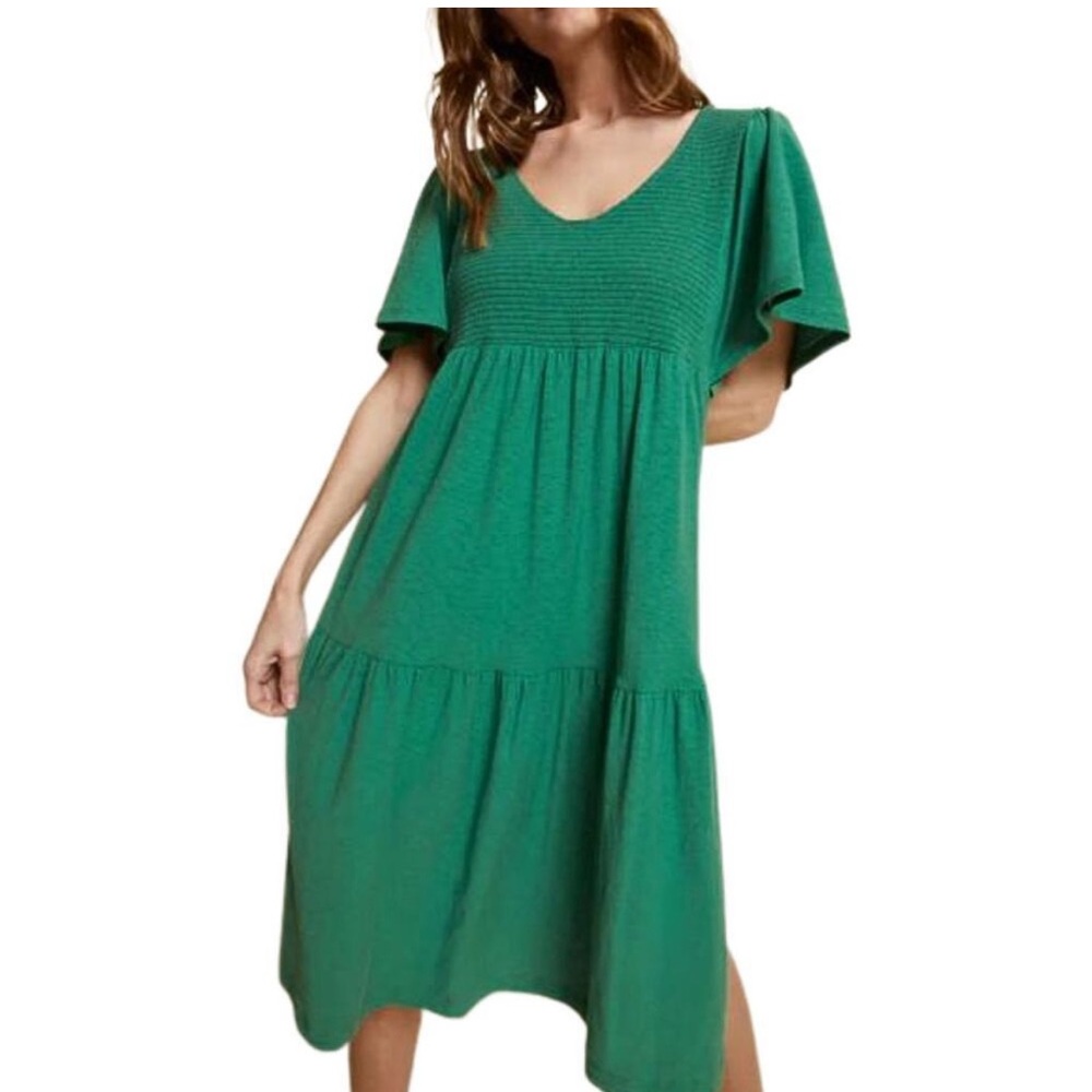 Nation LTD Dress Womens Small Green Jacie Midi Smocked Short Sleeve Pima Cotton